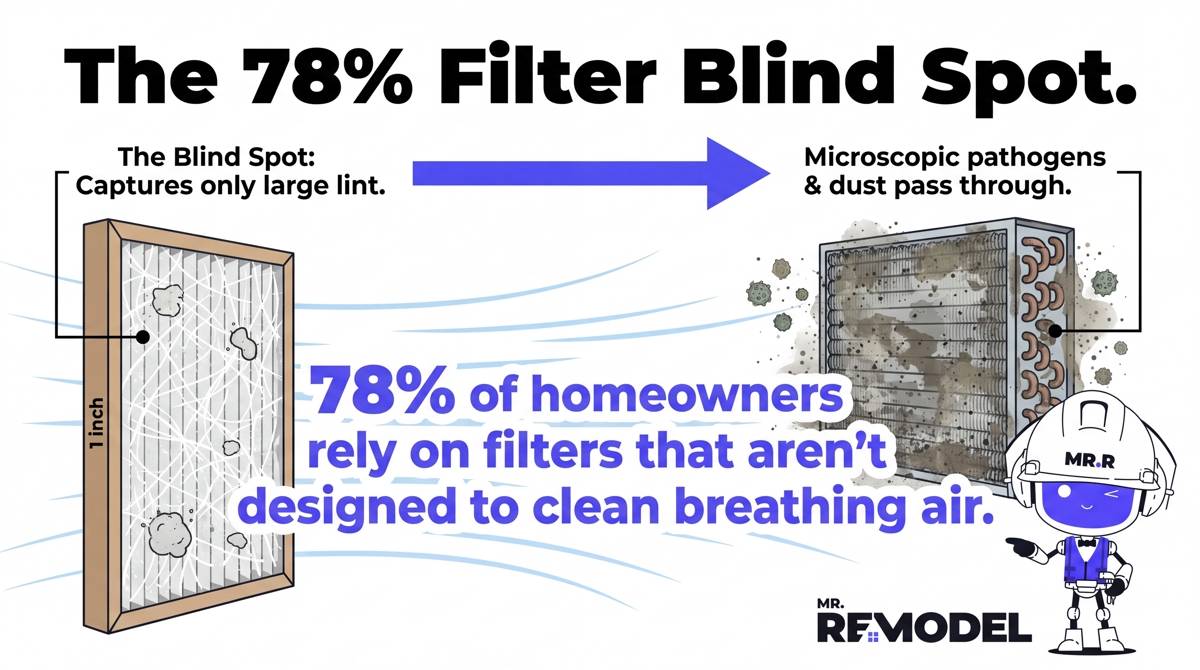 An infographic showing a 1-inch fiberglass filter labeled "The Blind Spot" (trapping only dust bunnies/lint), with an arrow to an evaporator coil covered in microscopic pathogens and dust. A bold callout reads: "78% of homeowners rely on filters that aren't designed to clean air."